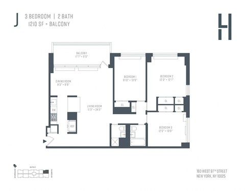 Floor plan for 3 beds, 2 baths, 1325 sqft